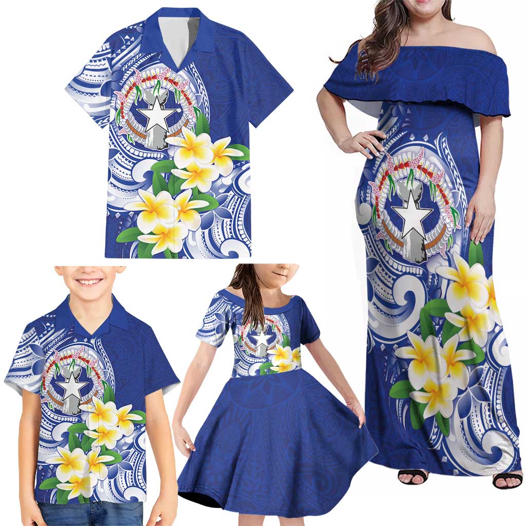 Northern Mariana Islands Family Matching Off Shoulder Maxi Dress and Hawaiian Shirt Polynesian Pattern With Frangipani LT05 - Polynesian Pride