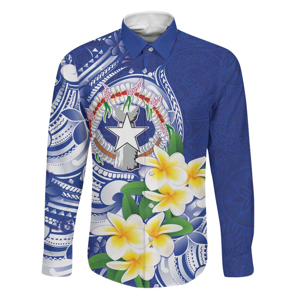 Northern Mariana Islands Family Matching Off Shoulder Maxi Dress and Hawaiian Shirt Polynesian Pattern With Frangipani LT05 Dad's Shirt - Long Sleeve Navy - Polynesian Pride