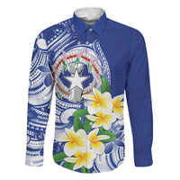 Northern Mariana Islands Family Matching Off Shoulder Maxi Dress and Hawaiian Shirt Polynesian Pattern With Frangipani LT05 Dad's Shirt - Long Sleeve Navy - Polynesian Pride