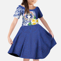 Northern Mariana Islands Family Matching Short Sleeve Bodycon Dress and Hawaiian Shirt Polynesian Pattern With Frangipani LT05 Daughter's Dress Navy - Polynesian Pride