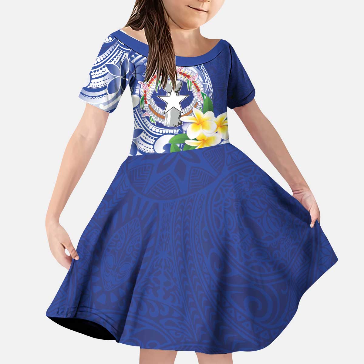 Northern Mariana Islands Kid Short Sleeve Dress Polynesian Pattern With Frangipani