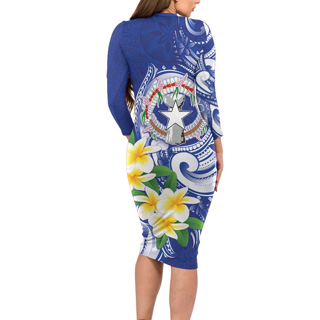 Northern Mariana Islands Long Sleeve Bodycon Dress Polynesian Pattern With Frangipani LT05 - Polynesian Pride