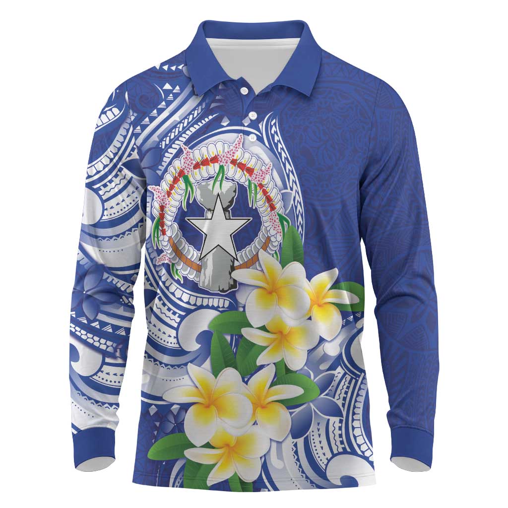 Northern Mariana Islands Long Sleeve Polo Shirt Polynesian Pattern With Frangipani