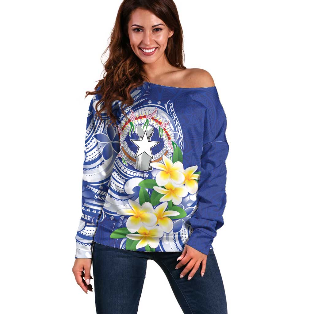 Northern Mariana Islands Off Shoulder Sweater Polynesian Pattern With Frangipani