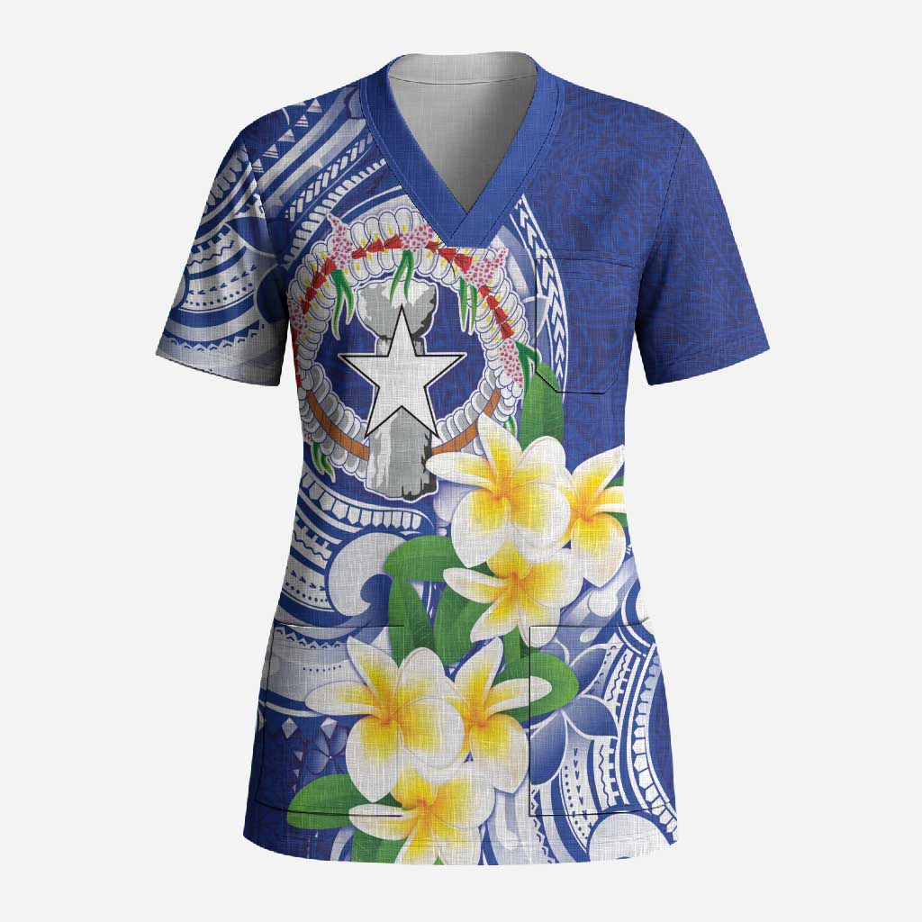 Northern Mariana Islands Scrub Top Polynesian Pattern With Frangipani LT05 Adult Navy - Polynesian Pride