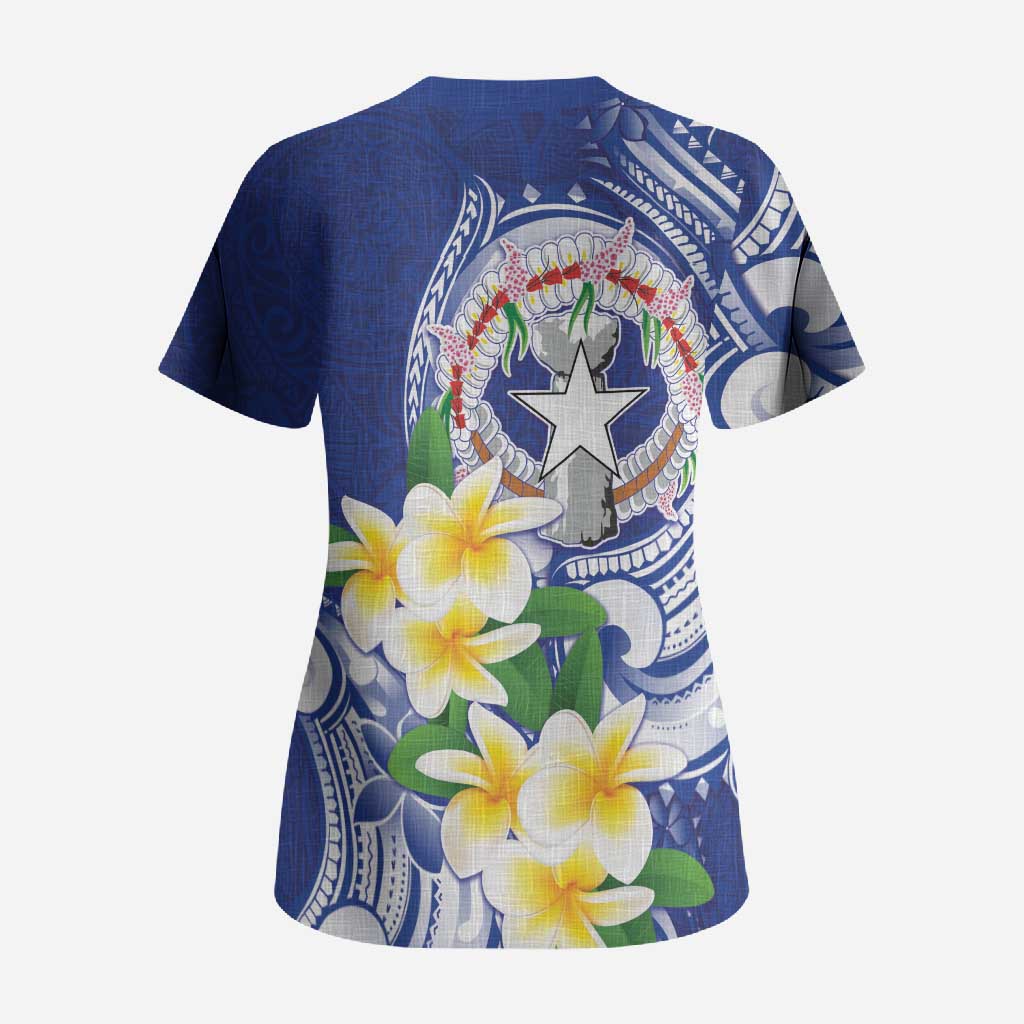 Northern Mariana Islands Scrub Top Polynesian Pattern With Frangipani LT05 - Polynesian Pride