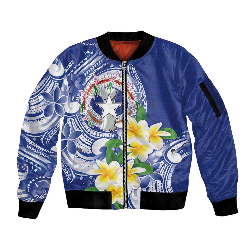 Northern Mariana Islands Sleeve Zip Bomber Jacket Polynesian Pattern With Frangipani