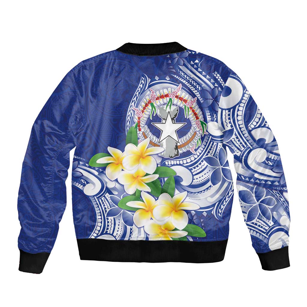 Northern Mariana Islands Sleeve Zip Bomber Jacket Polynesian Pattern With Frangipani