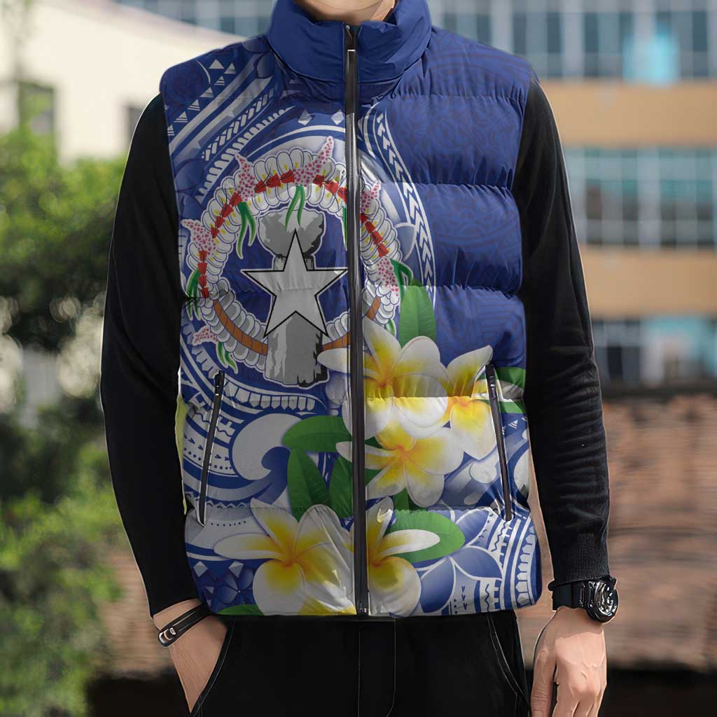 Northern Mariana Islands Sleeveless Puffer Jacket Polynesian Pattern With Frangipani
