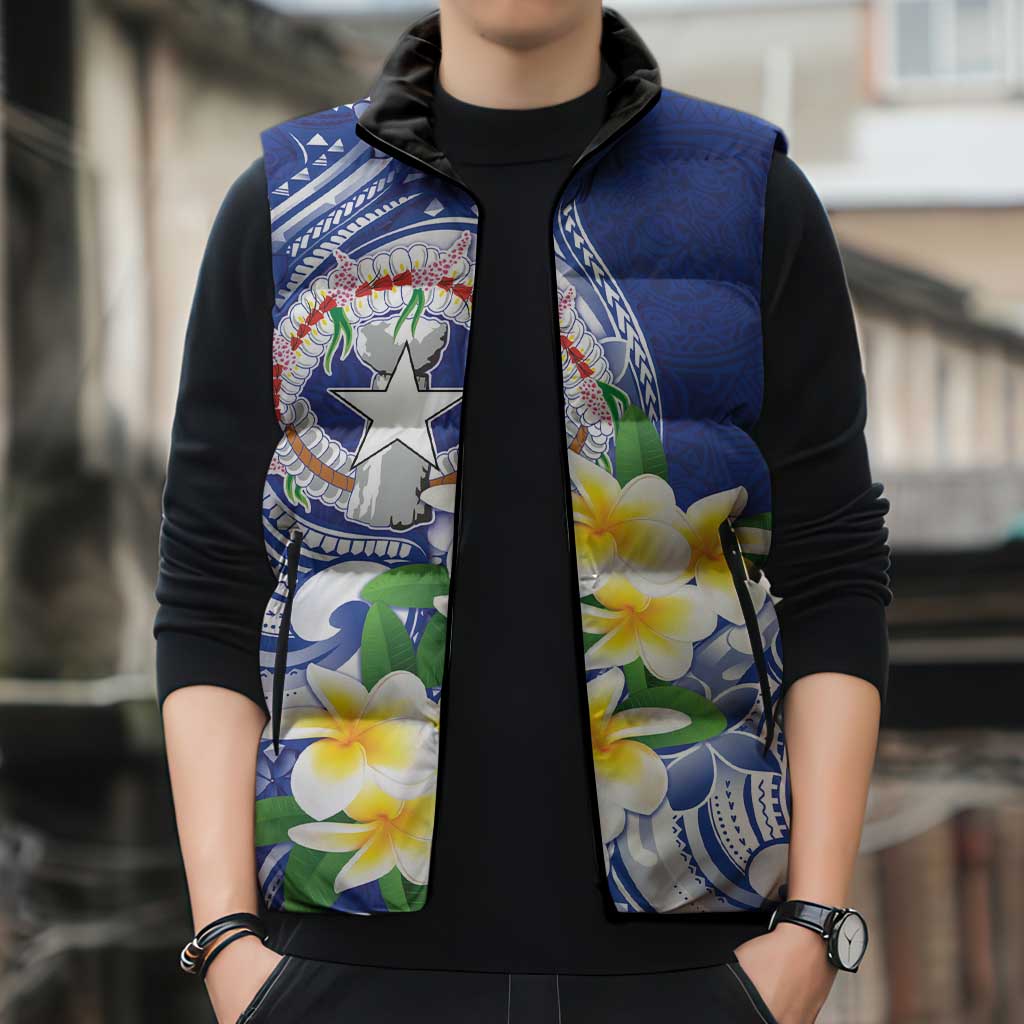 Northern Mariana Islands Sleeveless Puffer Jacket Polynesian Pattern With Frangipani