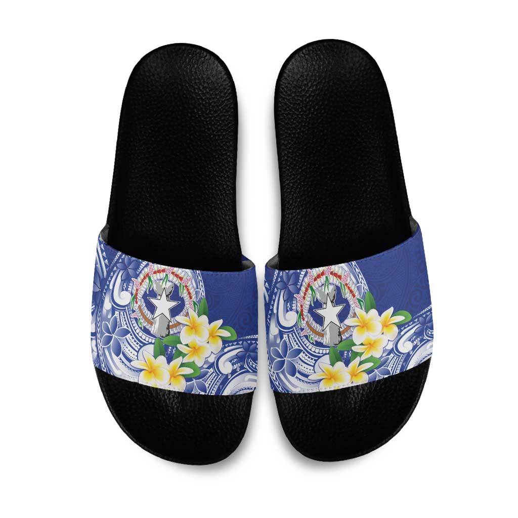 Northern Mariana Islands Slide Sandals Polynesian Pattern With Frangipani LT05 Navy - Polynesian Pride