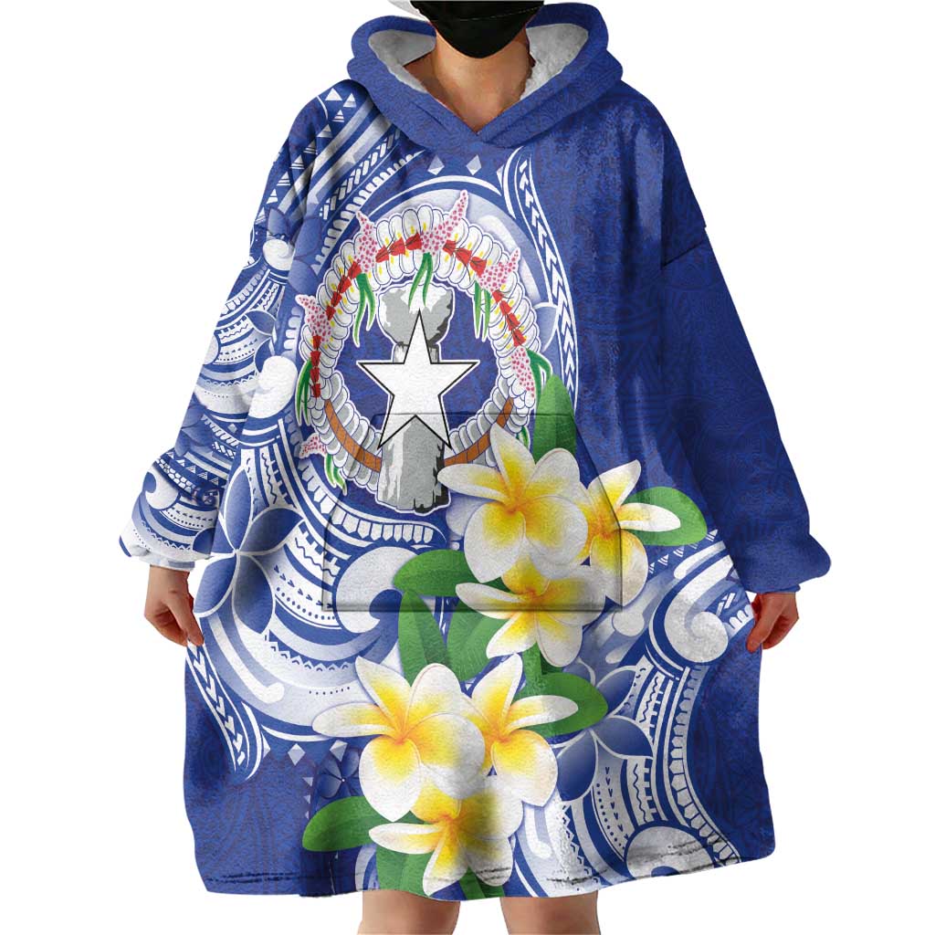 Northern Mariana Islands Wearable Blanket Hoodie Polynesian Pattern With Frangipani