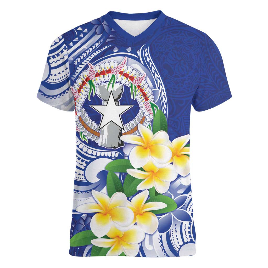 Northern Mariana Islands Women V-Neck T-Shirt Polynesian Pattern With Frangipani