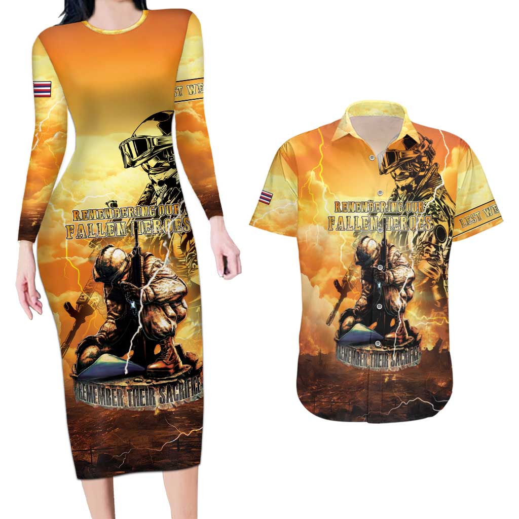 Hawaii Memorial Day Couples Matching Long Sleeve Bodycon Dress and Hawaiian Shirt Remember Their Sacrifice LT05 Yellow - Polynesian Pride