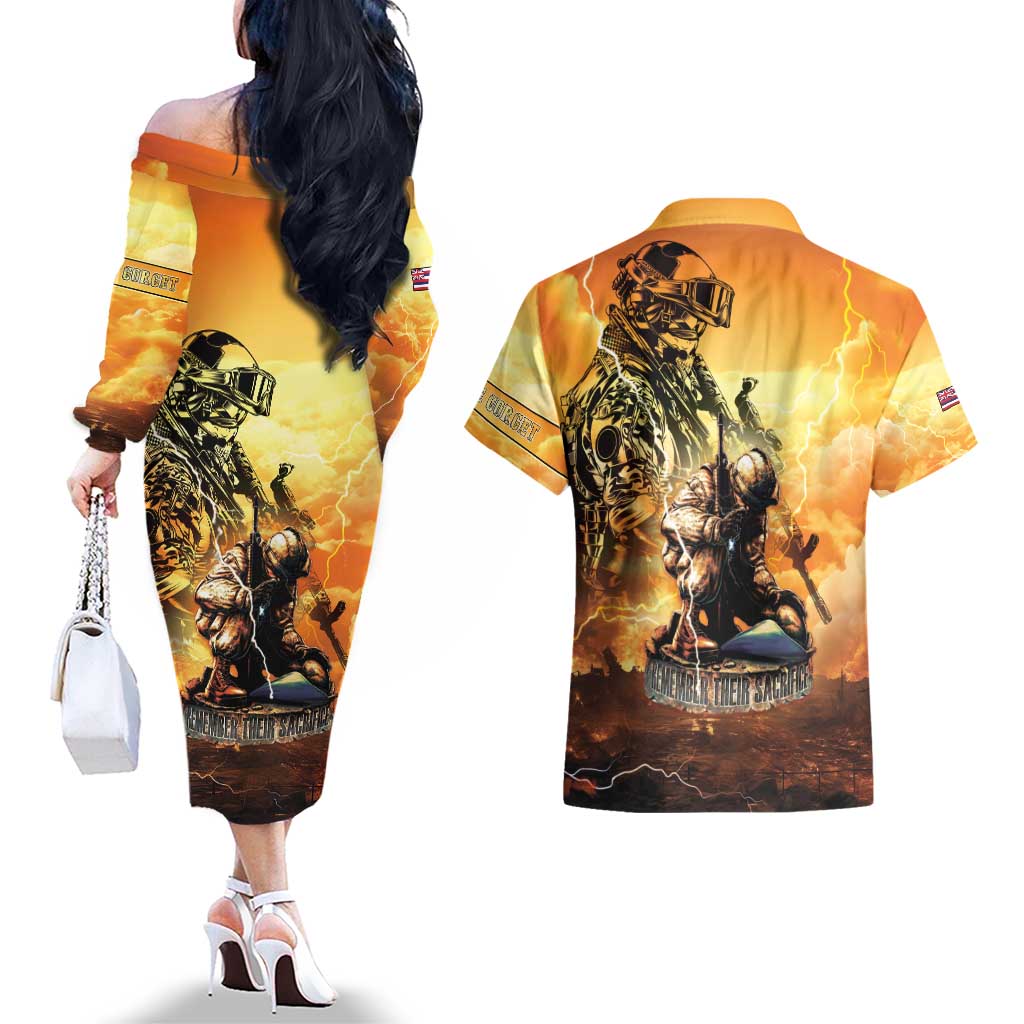 Hawaii Memorial Day Couples Matching Off The Shoulder Long Sleeve Dress and Hawaiian Shirt Remember Their Sacrifice