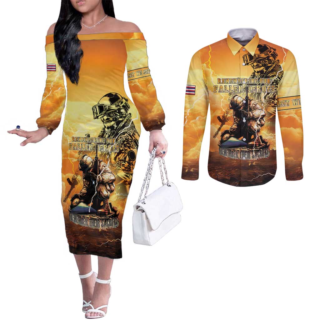 Hawaii Memorial Day Couples Matching Off The Shoulder Long Sleeve Dress and Long Sleeve Button Shirt Remember Their Sacrifice LT05 Yellow - Polynesian Pride