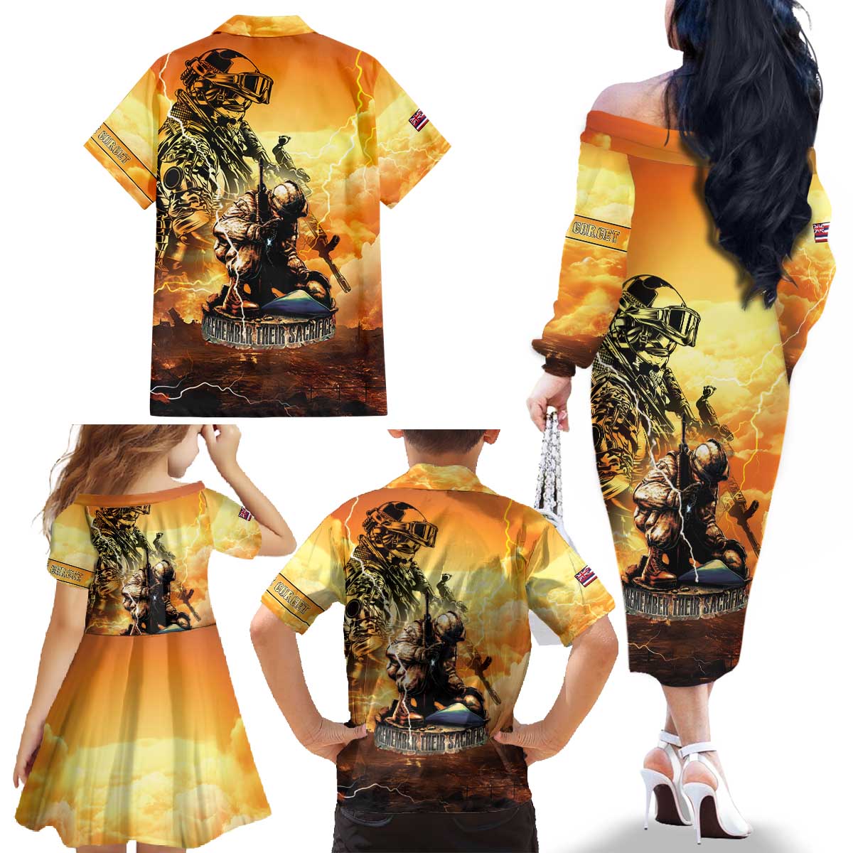 Hawaii Memorial Day Family Matching Off The Shoulder Long Sleeve Dress and Hawaiian Shirt Remember Their Sacrifice
