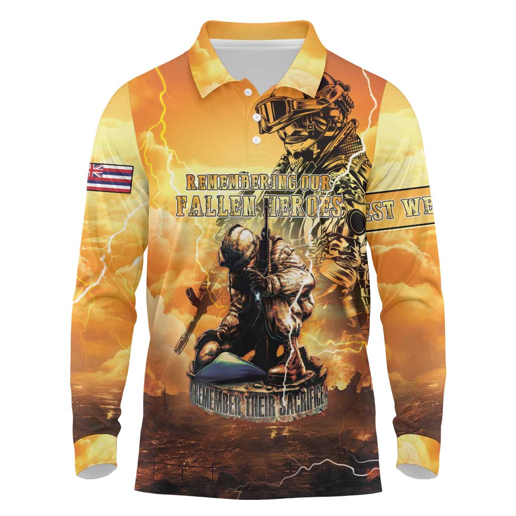 Hawaii Memorial Day Long Sleeve Polo Shirt Remember Their Sacrifice LT05 Yellow - Polynesian Pride