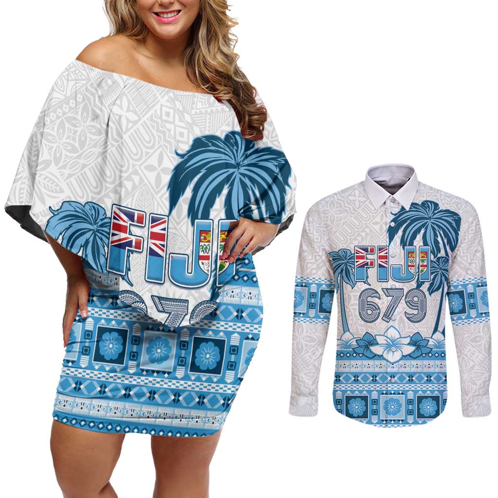 Fiji 679 Constitution Day Couples Matching Off Shoulder Short Dress and Long Sleeve Button Shirt Fijian Tapa Pattern