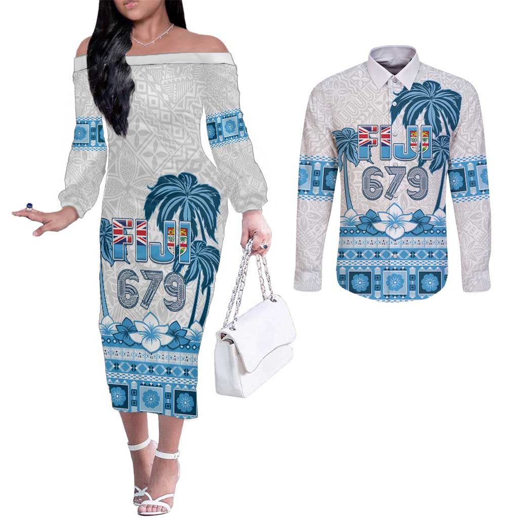 Fiji 679 Constitution Day Couples Matching Off The Shoulder Long Sleeve Dress and Long Sleeve Button Shirt Fijian Tapa Pattern