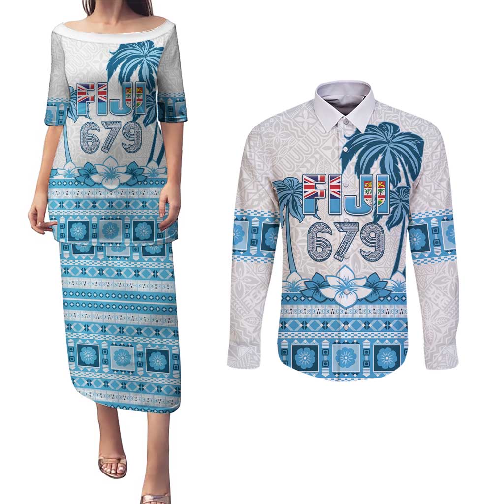 Fiji 679 Constitution Day Couples Matching Puletasi and Long Sleeve Button Shirt Fijian Tapa Pattern