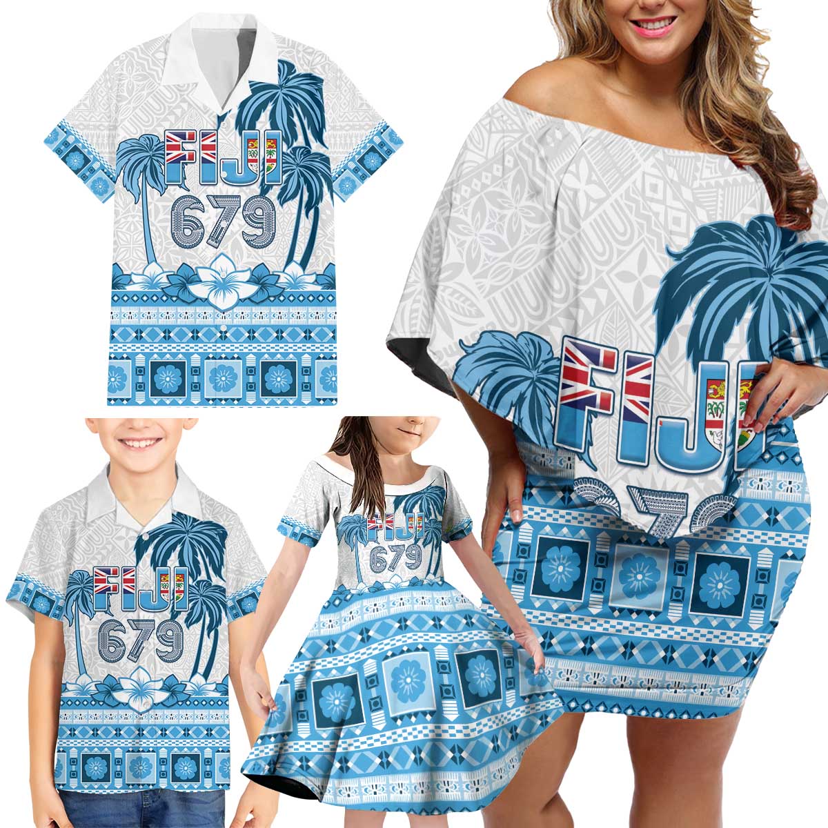 Fiji 679 Constitution Day Family Matching Off Shoulder Short Dress and Hawaiian Shirt Fijian Tapa Pattern