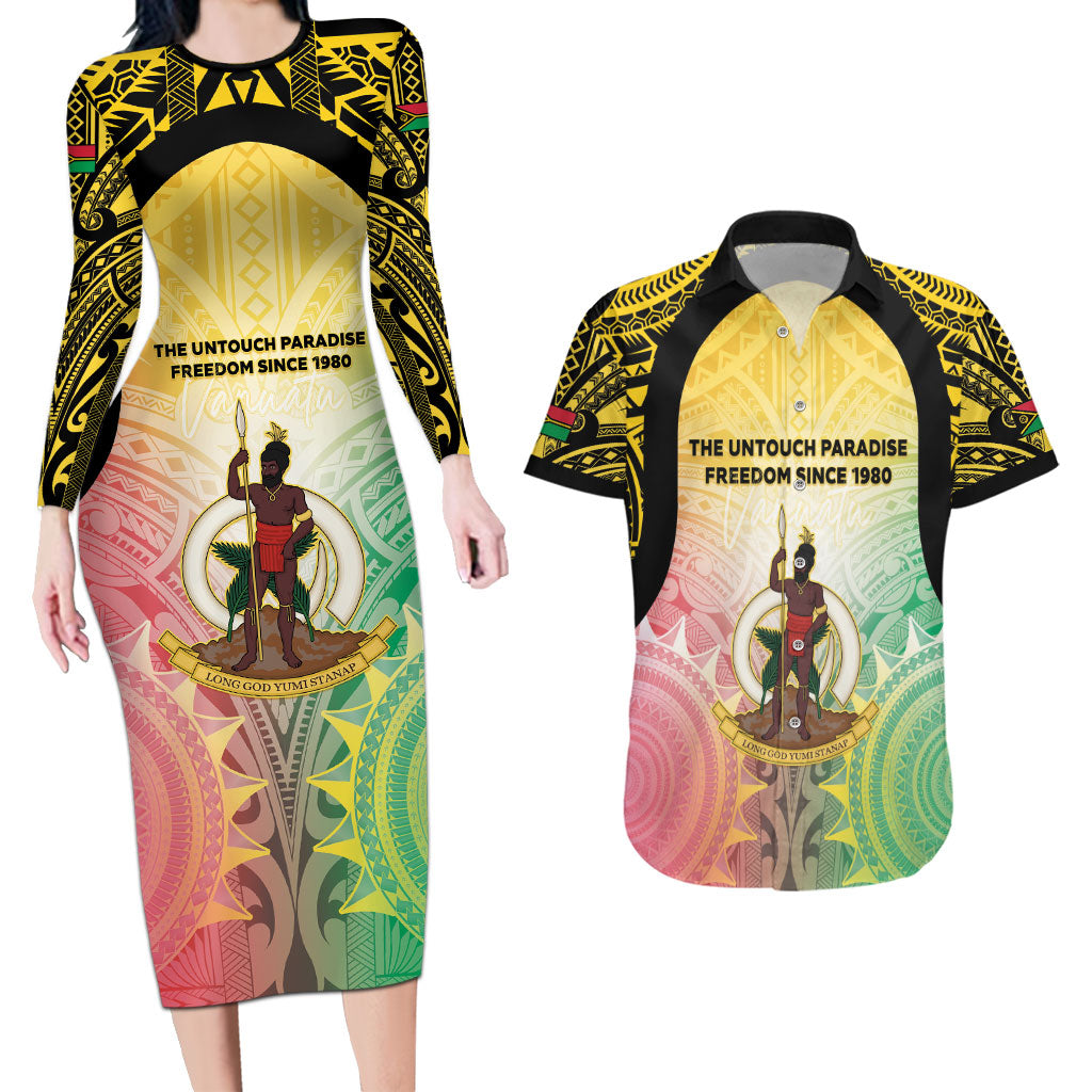 Vanuatu Independence Day Couples Matching Long Sleeve Bodycon Dress and Hawaiian Shirt The Untouched Paradise LT05 Colorful - Polynesian Pride