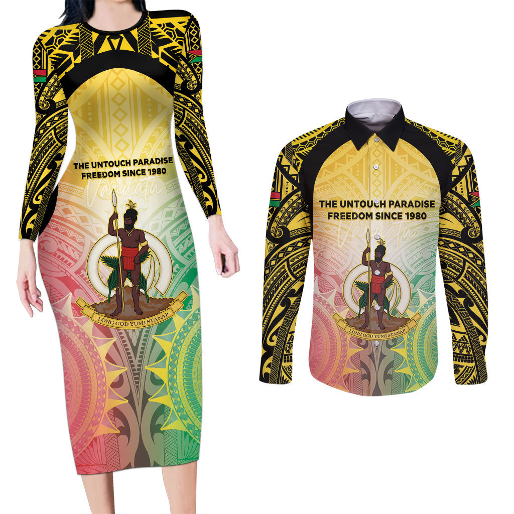 Vanuatu Independence Day Couples Matching Long Sleeve Bodycon Dress and Long Sleeve Button Shirt The Untouched Paradise LT05 Colorful - Polynesian Pride