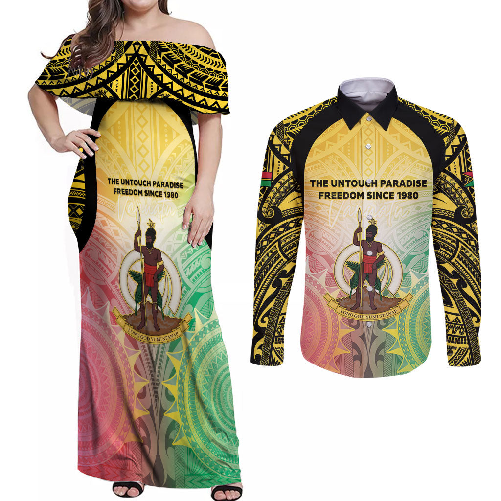 Vanuatu Independence Day Couples Matching Off Shoulder Maxi Dress and Long Sleeve Button Shirt The Untouched Paradise