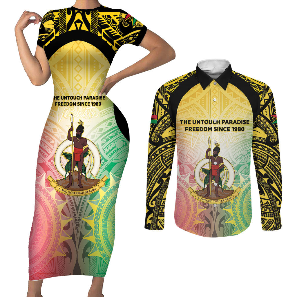 Vanuatu Independence Day Couples Matching Short Sleeve Bodycon Dress and Long Sleeve Button Shirt The Untouched Paradise LT05 Colorful - Polynesian Pride
