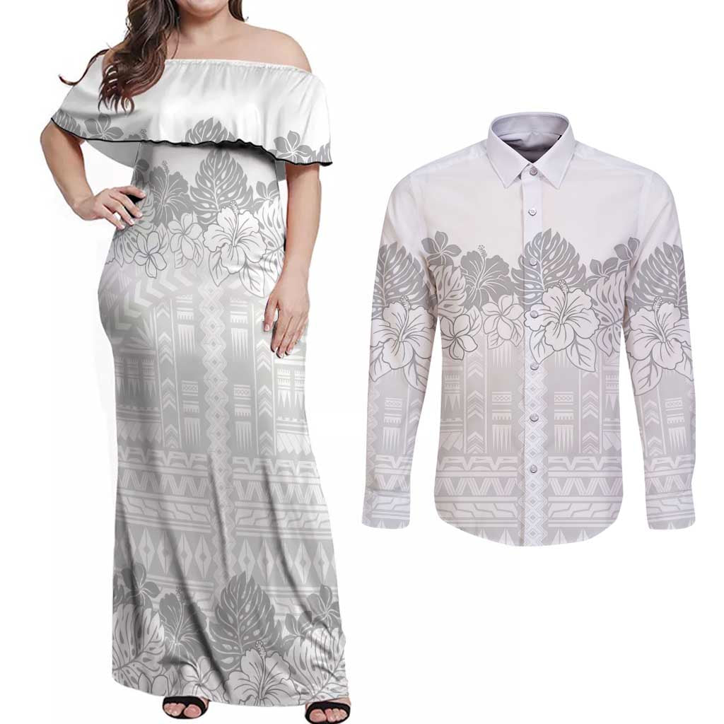 Samoa Lotu Tamaiti Couples Matching Off Shoulder Maxi Dress and Long Sleeve Button Shirt White Sunday Polynesian Pattern With Tropical Flowers