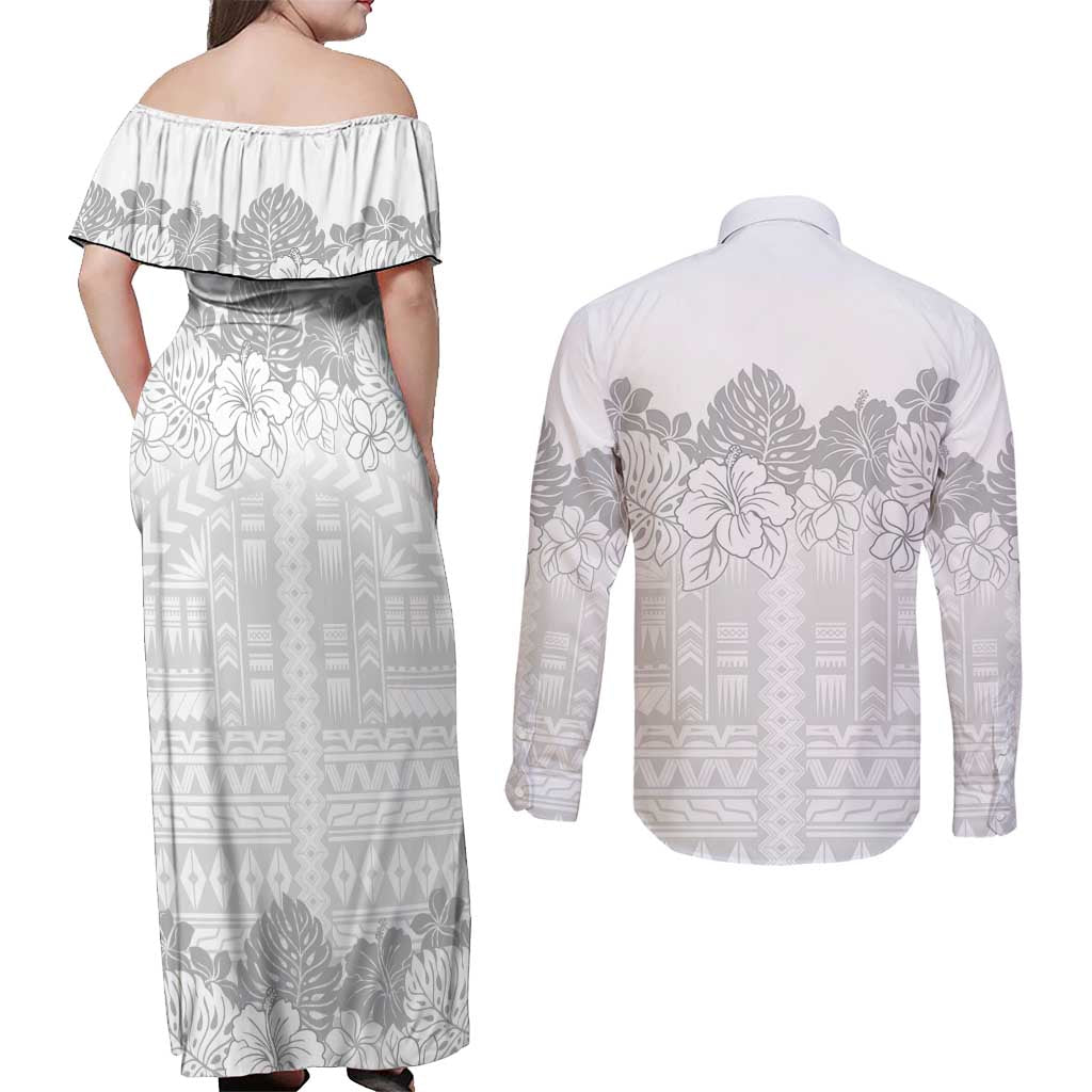 Samoa Lotu Tamaiti Couples Matching Off Shoulder Maxi Dress and Long Sleeve Button Shirt White Sunday Polynesian Pattern With Tropical Flowers