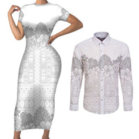 Samoa Lotu Tamaiti Couples Matching Short Sleeve Bodycon Dress and Long Sleeve Button Shirt White Sunday Polynesian Pattern With Tropical Flowers