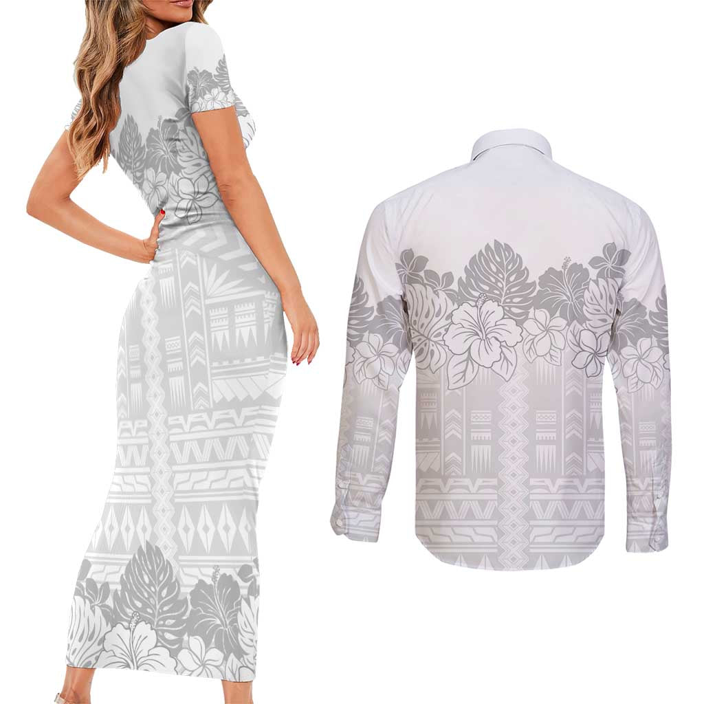 Samoa Lotu Tamaiti Couples Matching Short Sleeve Bodycon Dress and Long Sleeve Button Shirt White Sunday Polynesian Pattern With Tropical Flowers
