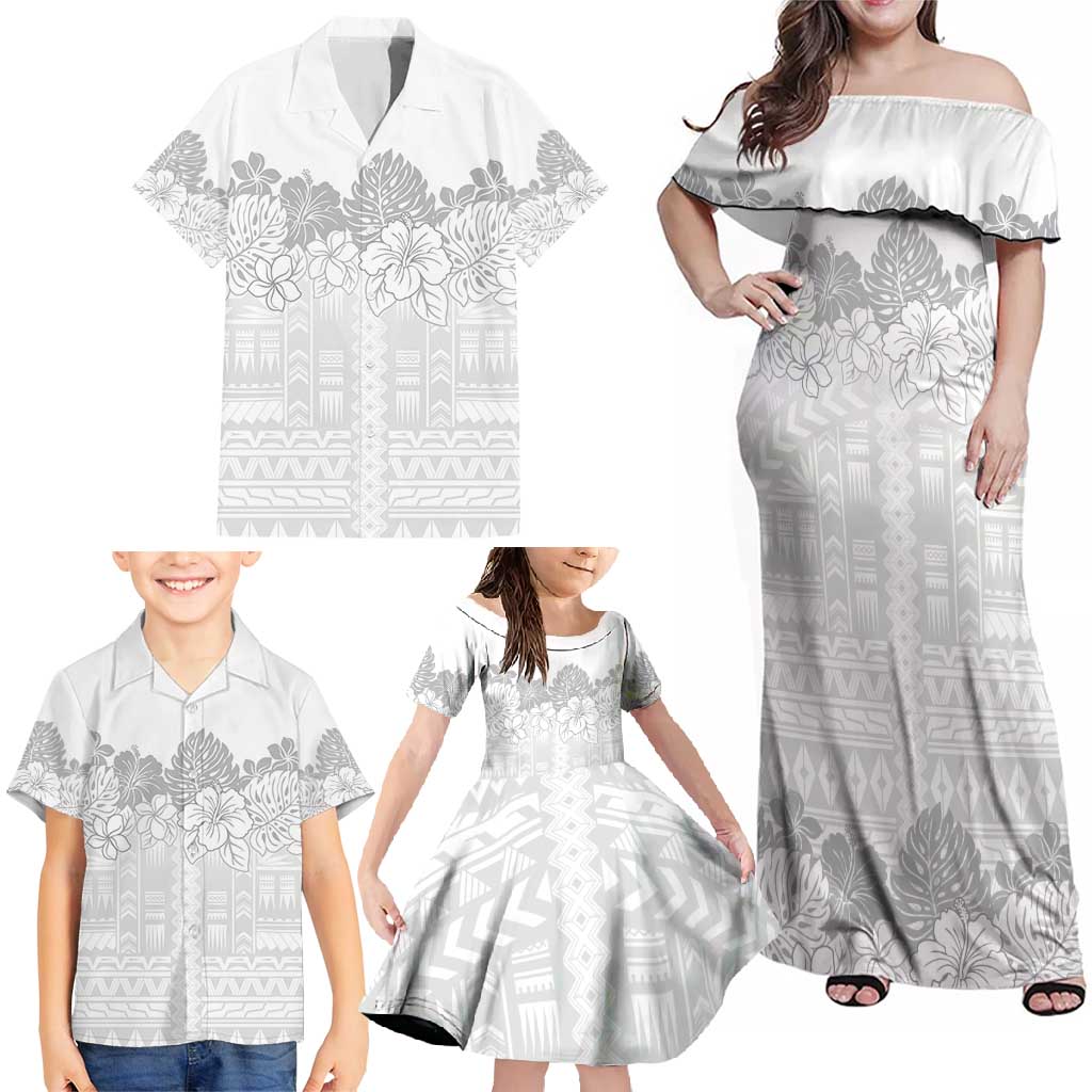 Samoa Lotu Tamaiti Family Matching Off Shoulder Maxi Dress and Hawaiian Shirt White Sunday Polynesian Pattern With Tropical Flowers