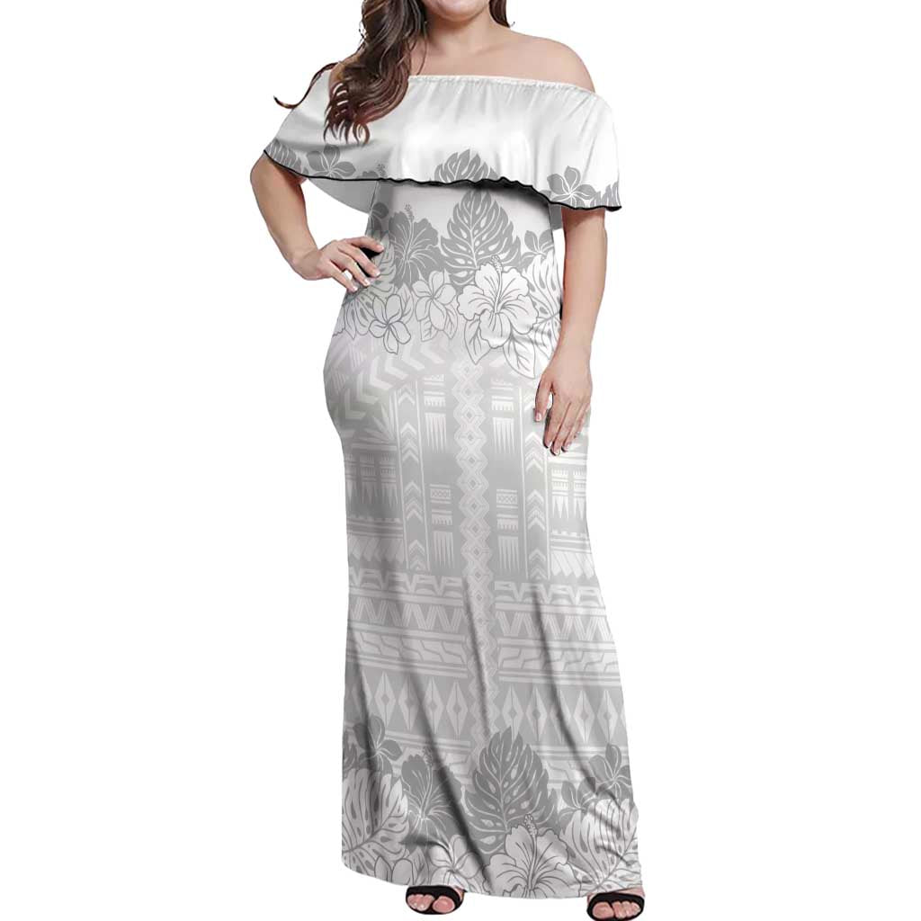 Samoa Lotu Tamaiti Off Shoulder Maxi Dress White Sunday Polynesian Pattern With Tropical Flowers