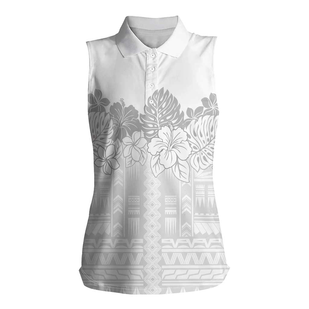 Samoa Lotu Tamaiti Women Sleeveless Polo Shirt White Sunday Polynesian Pattern With Tropical Flowers