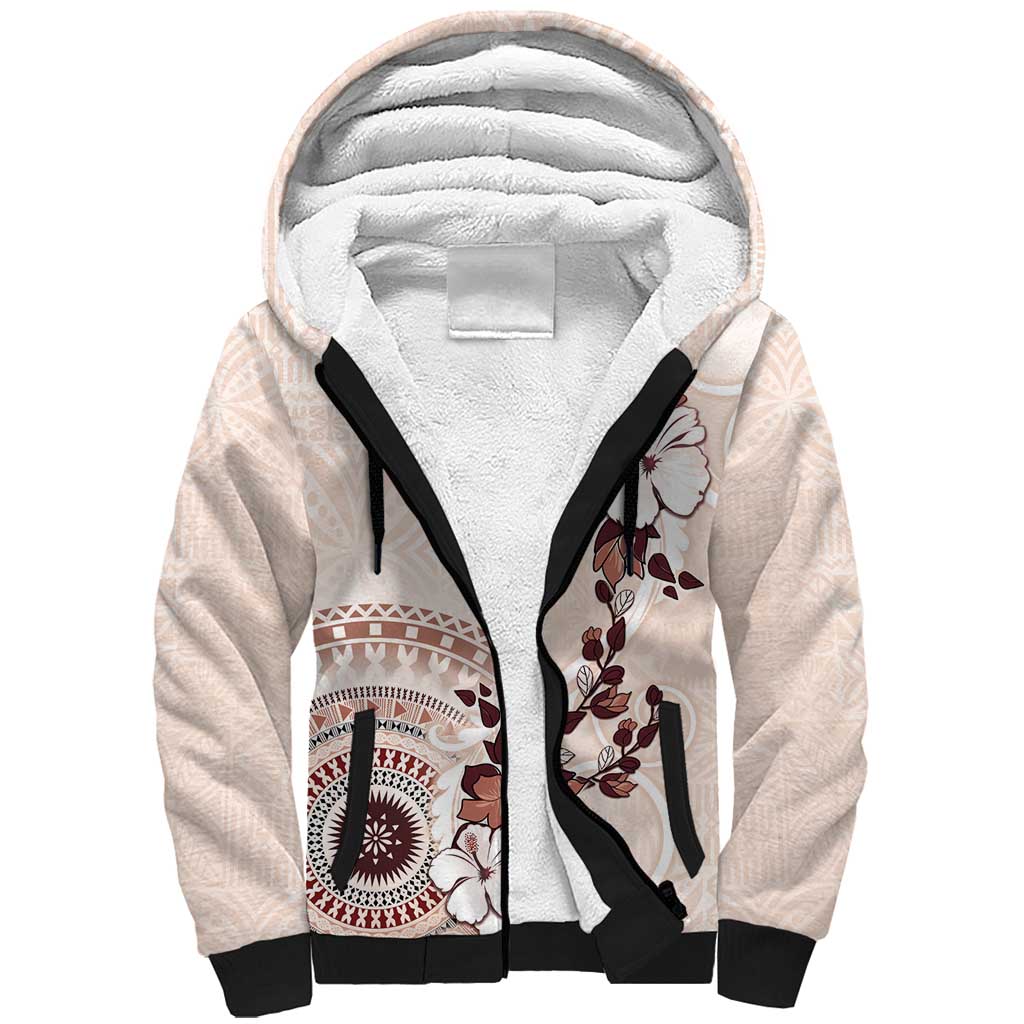 Bula Fiji Language Week Sherpa Hoodie Fijian Tapa Pattern With Tagimoucia Flower LT05 Unisex Beige - Polynesian Pride