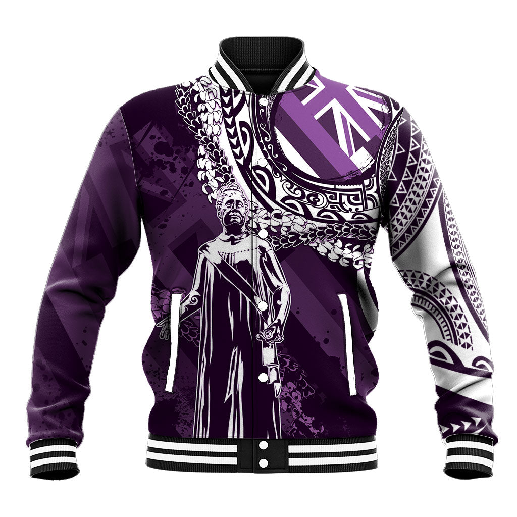 Hawaii Queen Liliuokalani Baseball Jacket Hawaiian Maile Lei Flag Style LT05 Unisex Purple - Polynesian Pride