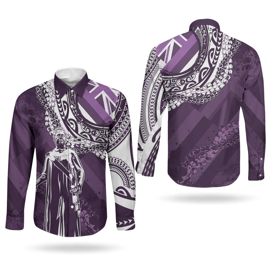 Hawaii Queen Liliuokalani Couples Matching Off Shoulder Maxi Dress and Long Sleeve Button Shirt Hawaiian Maile Lei Flag Style LT05 - Polynesian Pride