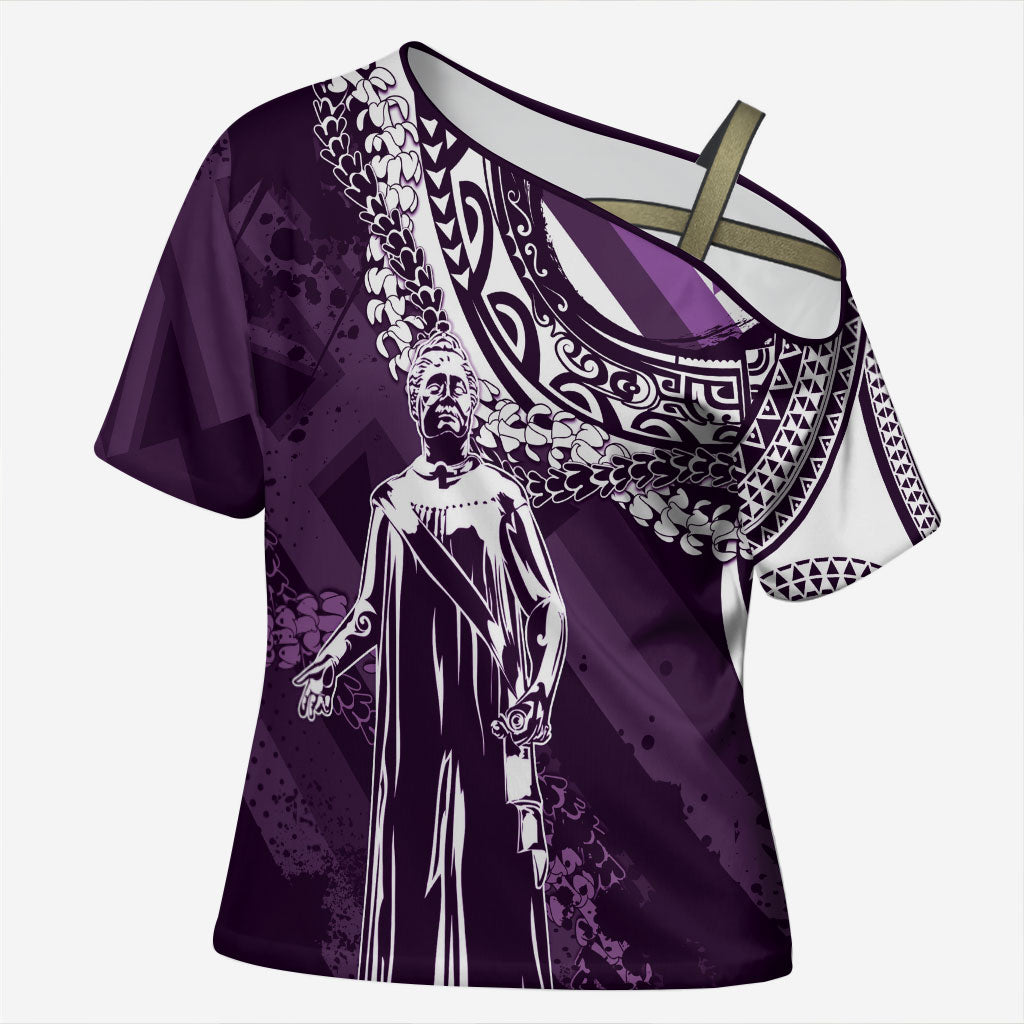 Hawaii Queen Liliuokalani Cross Shoulder Shirt Hawaiian Maile Lei Flag Style LT05 Female Purple - Polynesian Pride
