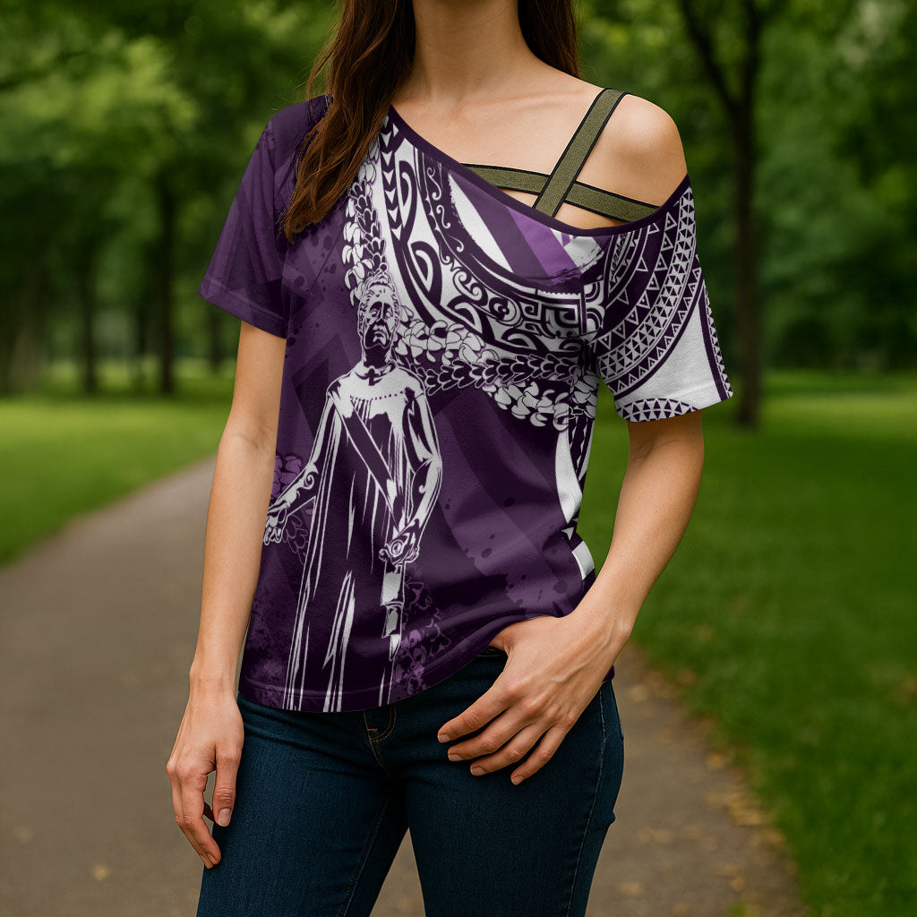 Hawaii Queen Liliuokalani Cross Shoulder Shirt Hawaiian Maile Lei Flag Style LT05 - Polynesian Pride
