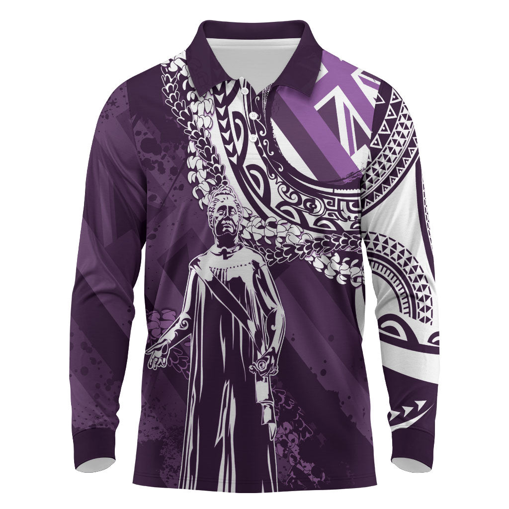 Hawaii Queen Liliuokalani Long Sleeve Polo Shirt Hawaiian Maile Lei Flag Style LT05 Purple - Polynesian Pride