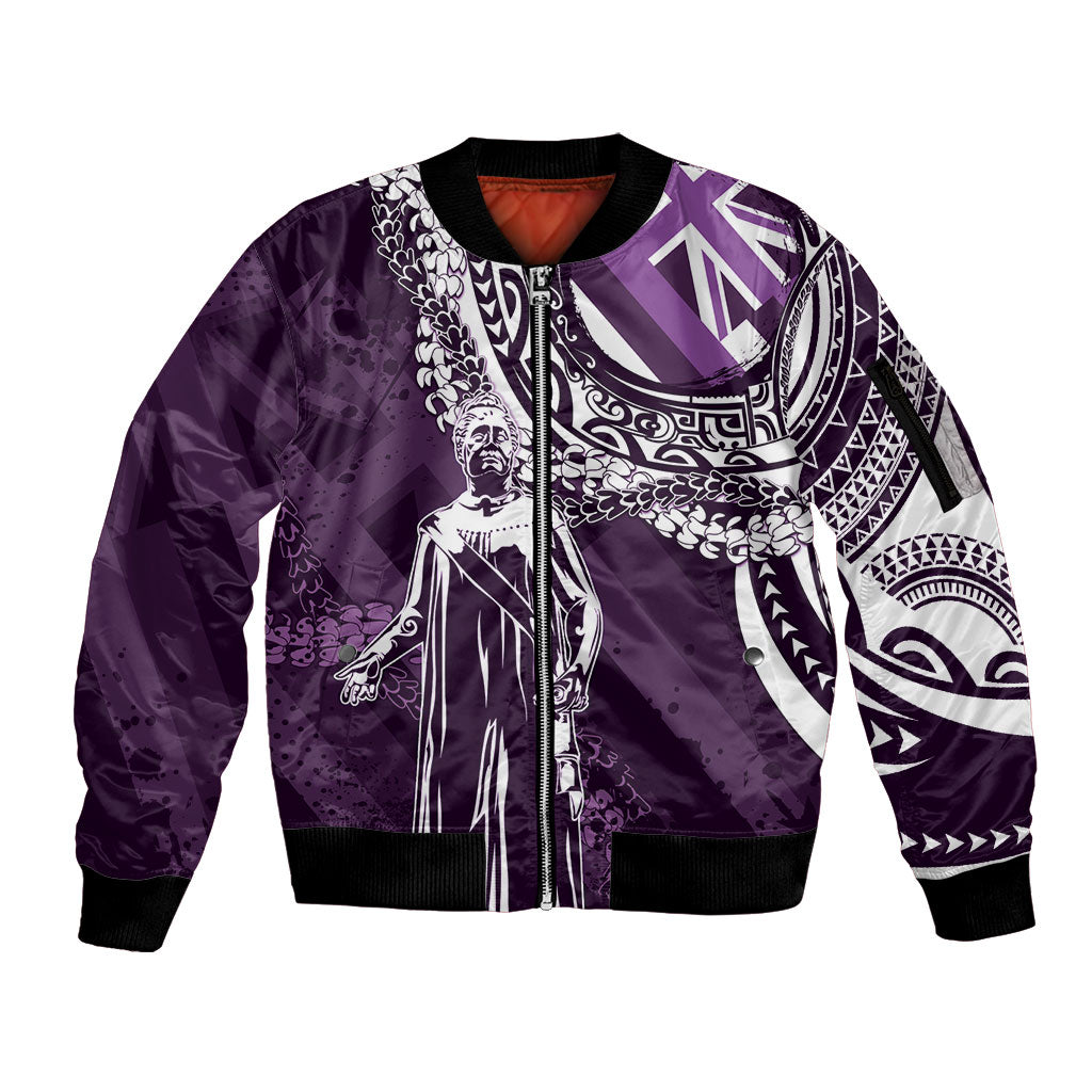 Hawaii Queen Liliuokalani Sleeve Zip Bomber Jacket Hawaiian Maile Lei Flag Style LT05 Unisex Purple - Polynesian Pride