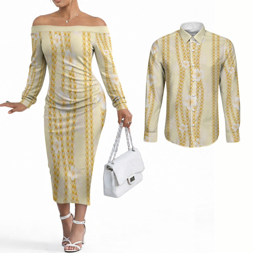 Hawaii Queen Liliuokalani Couples Matching Off The Shoulder Long Sleeve Dress and Long Sleeve Button Shirt Gold Lei Pua Kalaunu LT05 Gold - Polynesian Pride