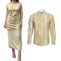 Hawaii Queen Liliuokalani Couples Matching Puletasi and Long Sleeve Button Shirt Gold Lei Pua Kalaunu LT05 Gold - Polynesian Pride