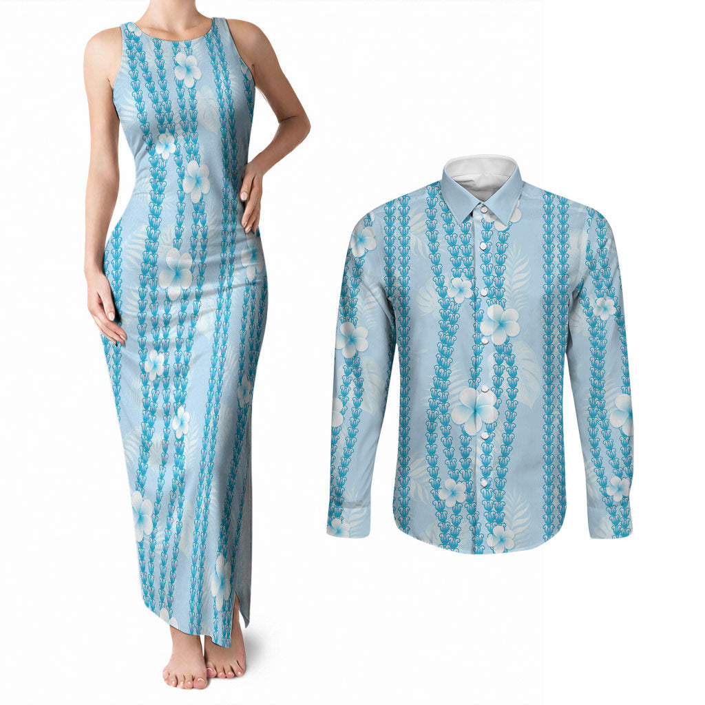 Hawaii Queen Liliuokalani Couples Matching Tank Maxi Dress and Long Sleeve Button Shirt Blue Lei Pua Kalaunu LT05 Blue - Polynesian Pride