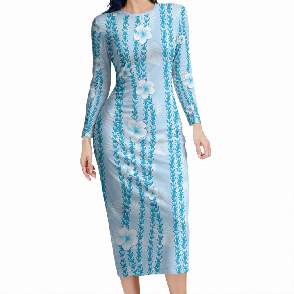 Hawaii Queen Liliuokalani Long Sleeve Bodycon Dress Blue Lei Pua Kalaunu LT05 Long Dress Blue - Polynesian Pride