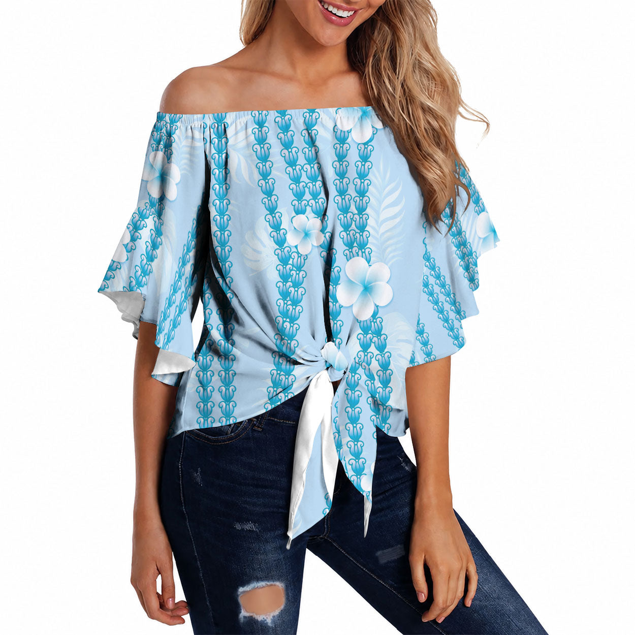 Hawaii Queen Liliuokalani Off Shoulder Wrap Waist Top Blue Lei Pua Kalaunu LT05 Blue - Polynesian Pride