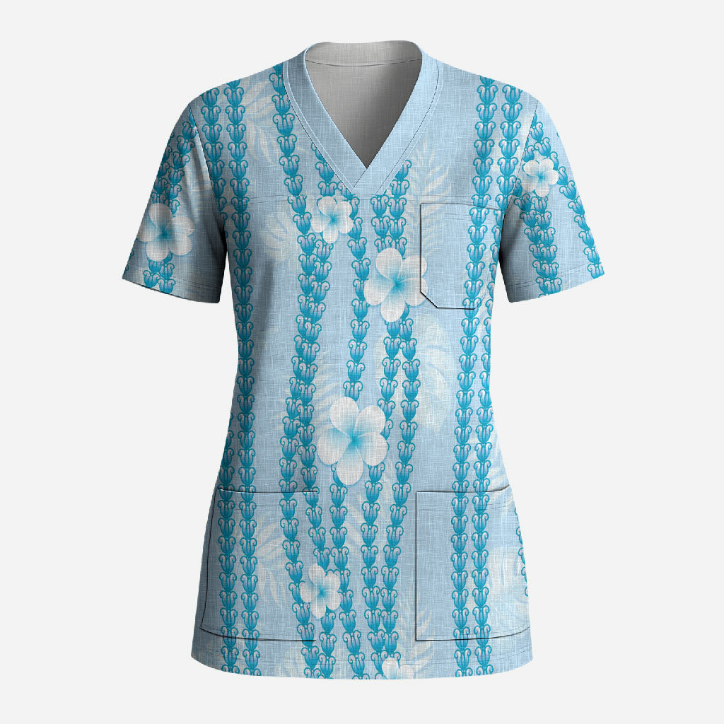 Hawaii Queen Liliuokalani Scrub Top Blue Lei Pua Kalaunu LT05 Adult Blue - Polynesian Pride